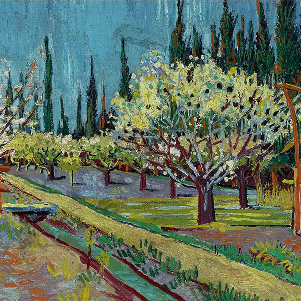 Blossoming trees painting with vibrant colors and textured brushstrokes against a blue sky and green landscape.