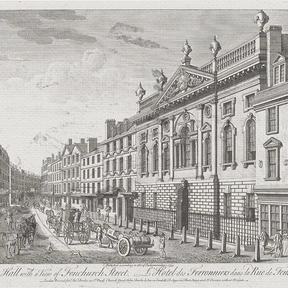 Black and white engraving of Fenchurch Street featuring historical buildings and horse-drawn carriages.