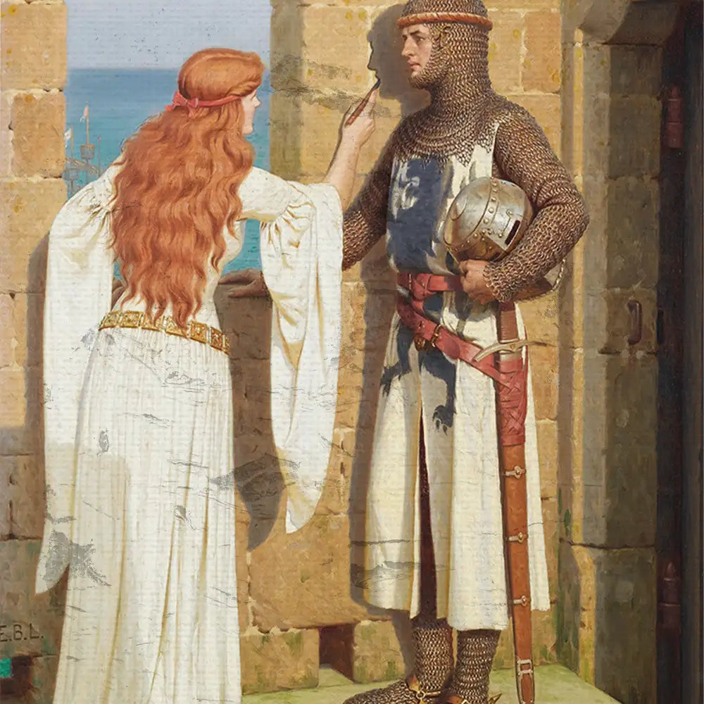 A medieval knight in chainmail armor stands beside a woman in a flowing white gown, both set against a stone wall with a coastal background.