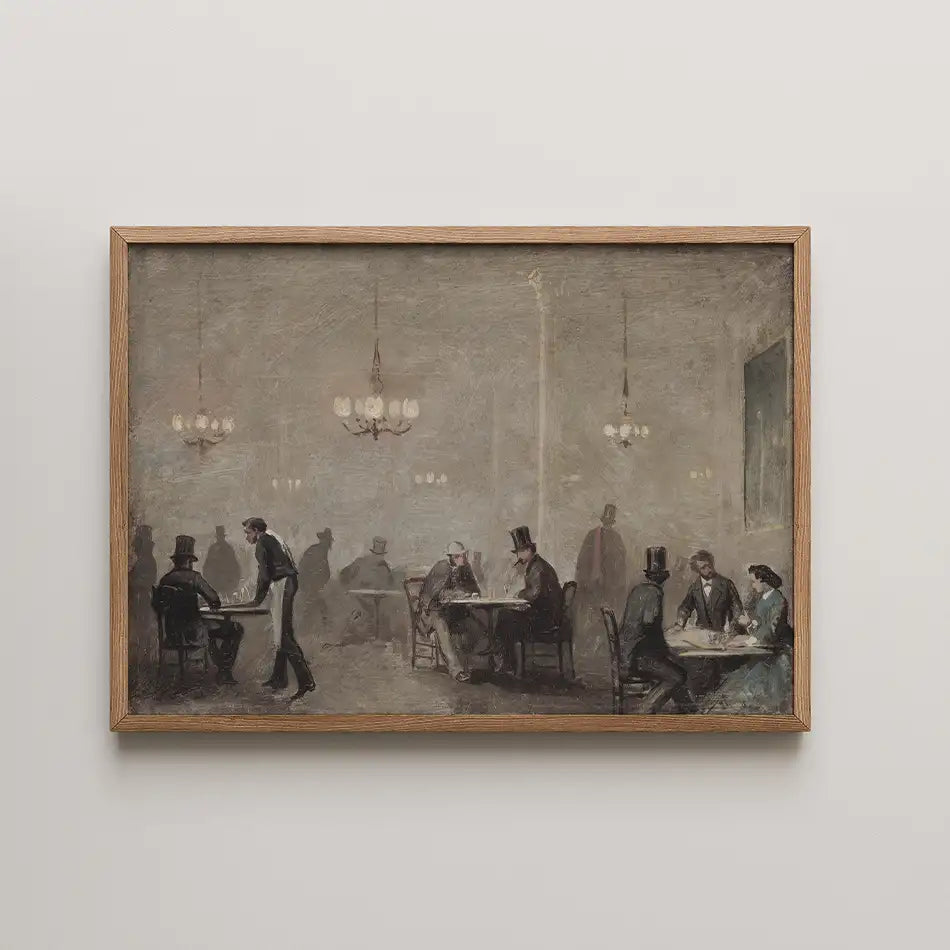 A vintage-style painting in a wooden frame depicting a dimly lit restaurant scene with men in top hats and a waiter serving, capturing a classic ambiance.