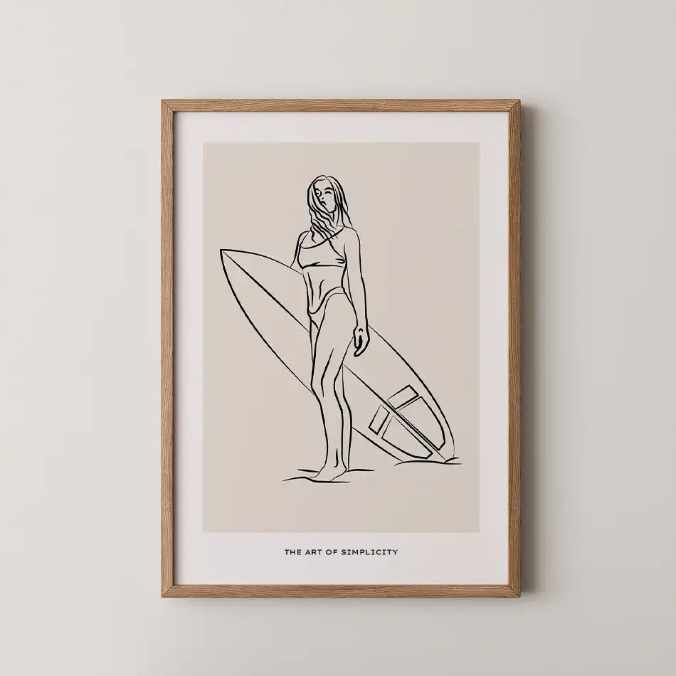 Surfer Girl line art print featuring a confident woman with a surfboard against a soft beige background, embodying beach culture and minimalist decor.