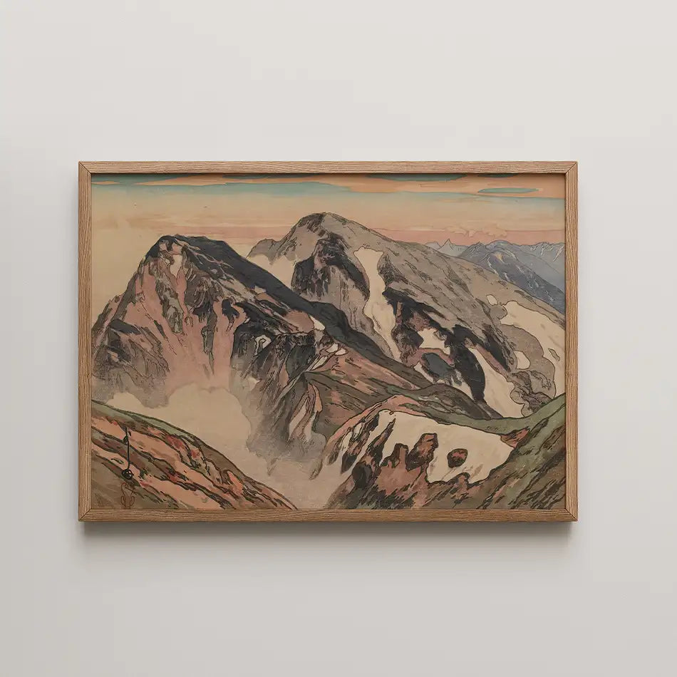 Mountain landscape painting with soft colors and a wooden frame.