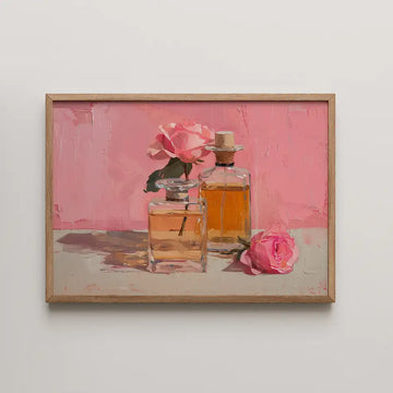 Elegance in Bloom art print featuring chic perfume bottles and delicate roses against a soft pink backdrop, showcasing vibrant and soft color tones that enhance modern decor."