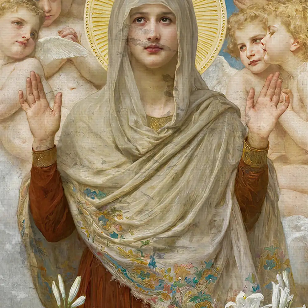A serene painting of a young woman in a beige headscarf and brown dress, surrounded by angelic figures and holding her hands up in a gesture of blessing, with delicate white lilies in the foreground.