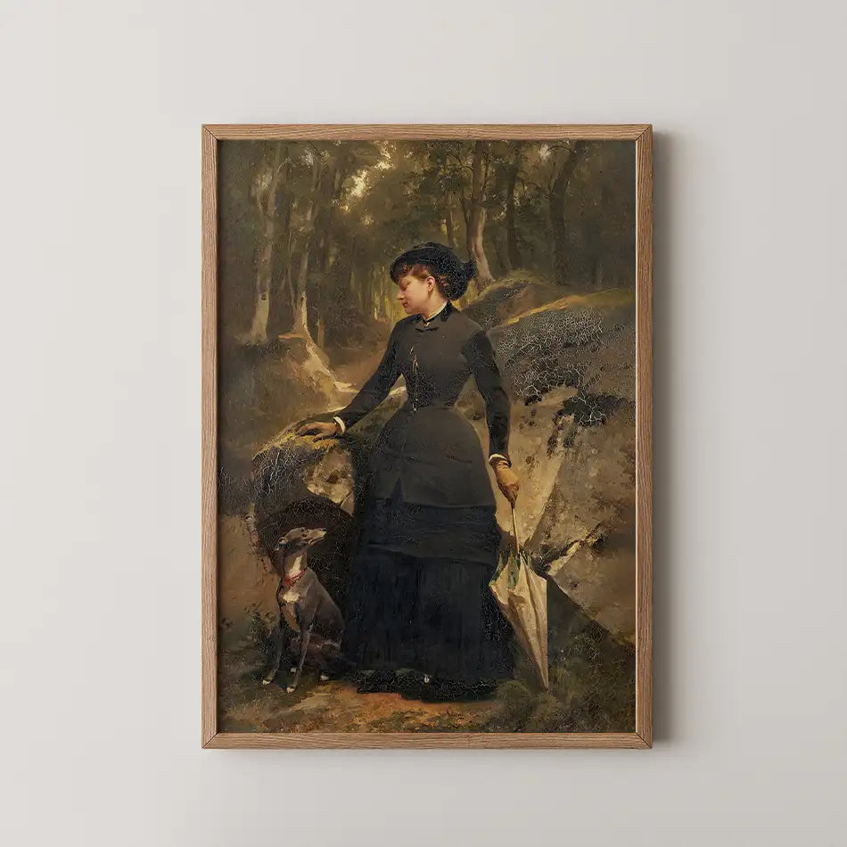 Victorian woman in a black dress holding an umbrella, accompanied by a greyhound, set in a forest background, framed in wood.