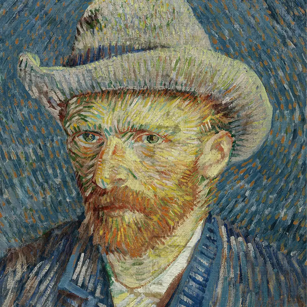 Self-portrait of a man with a beard wearing a wide-brimmed hat, painted in vibrant colors and dynamic brushstrokes against a swirling blue background.