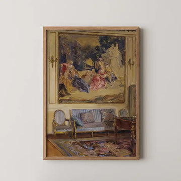 Framed painting of a historical scene featuring elegantly dressed individuals in a lavish interior setting, displayed above a plush sofa and ornate coffee table.