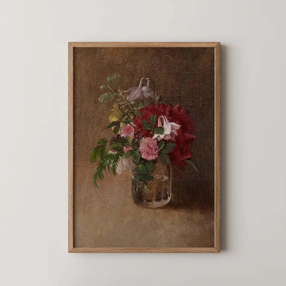Framed painting of a colorful bouquet of flowers in a glass vase against a textured brown background.