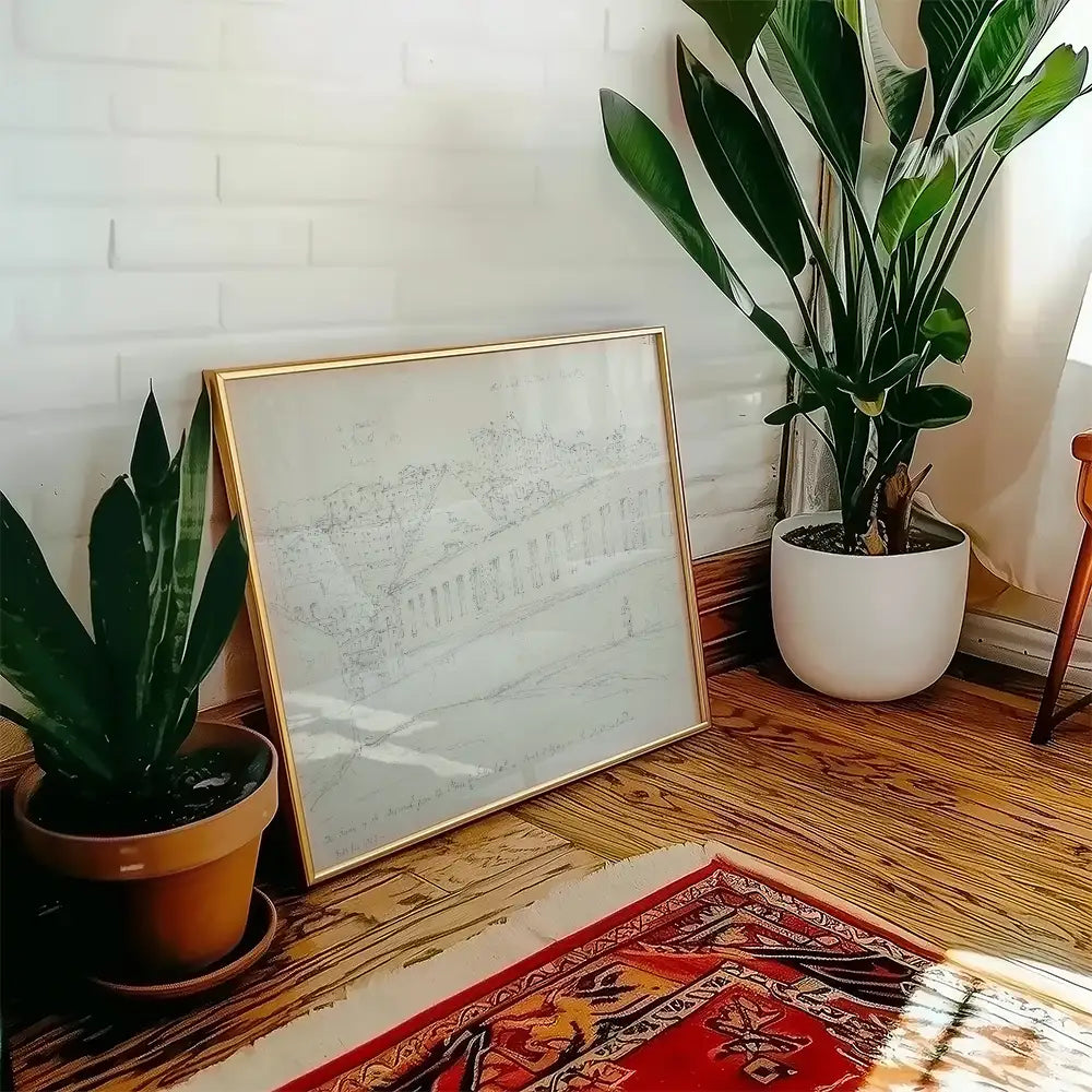 Framed artwork leaning against a wall with a vibrant rug and indoor plants in a sunlit room.