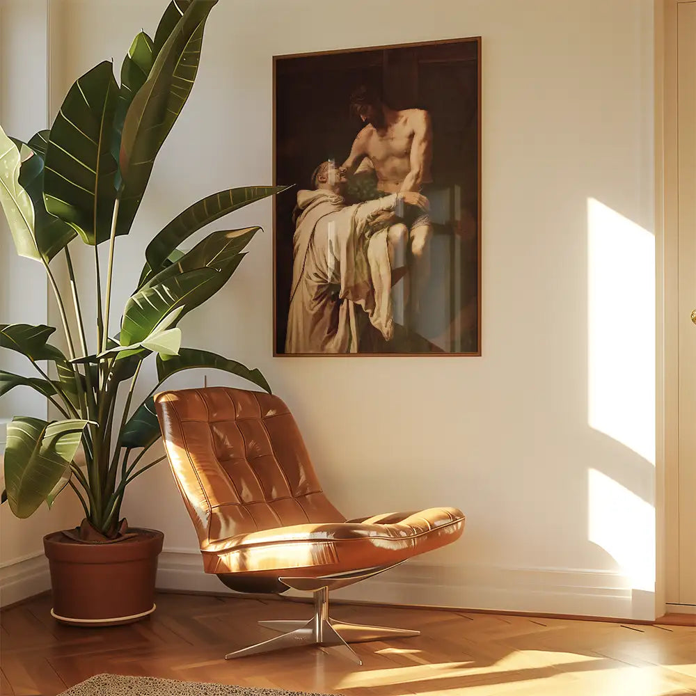 Artistic painting of a man being cradled, displayed on a wall beside a modern brown chair and a potted plant in a sunlit room.
