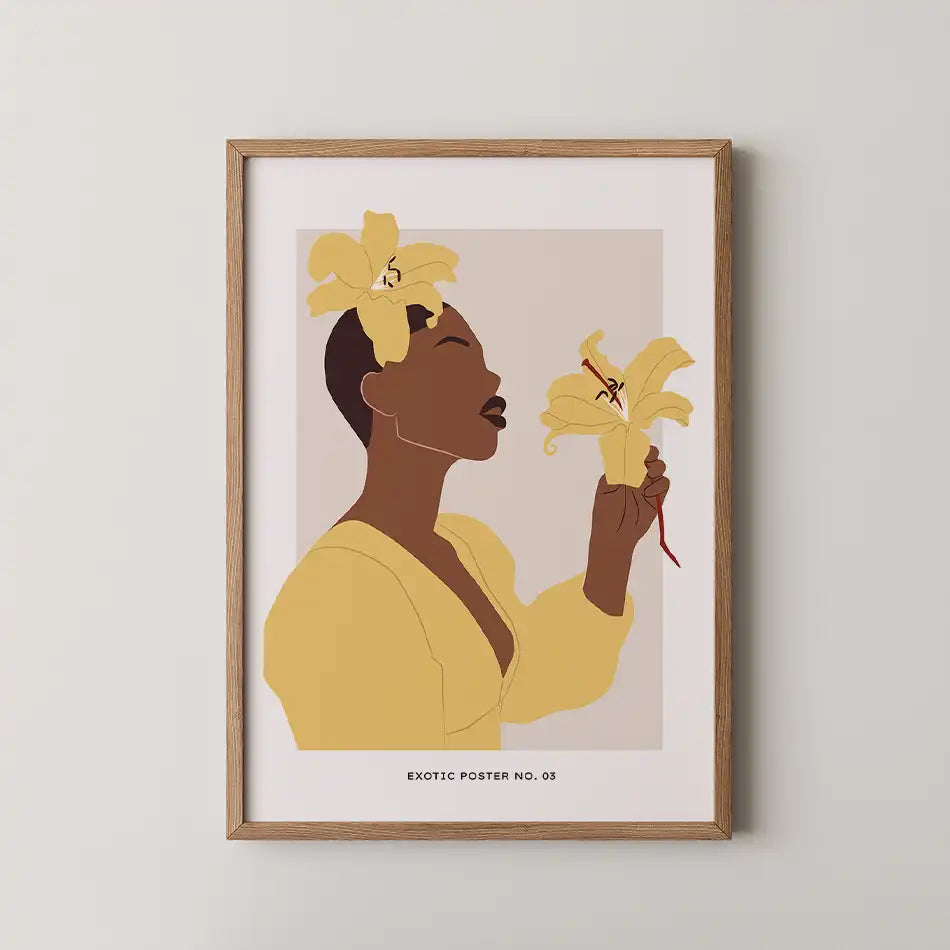 Modern art print 'Woman with Yellow Lilies' featuring a graceful figure in a yellow top holding vibrant lilies, set against a neutral backdrop; part of the Tropical Collection, perfect for home decor"