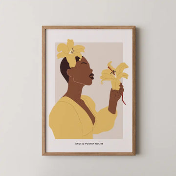 Modern art print 'Woman with Yellow Lilies' featuring a graceful figure in a yellow top holding vibrant lilies, set against a neutral backdrop; part of the Tropical Collection, perfect for home decor"