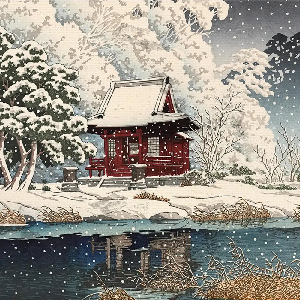 Snow-covered traditional red Japanese house near a serene pond, surrounded by trees and a snowy landscape.