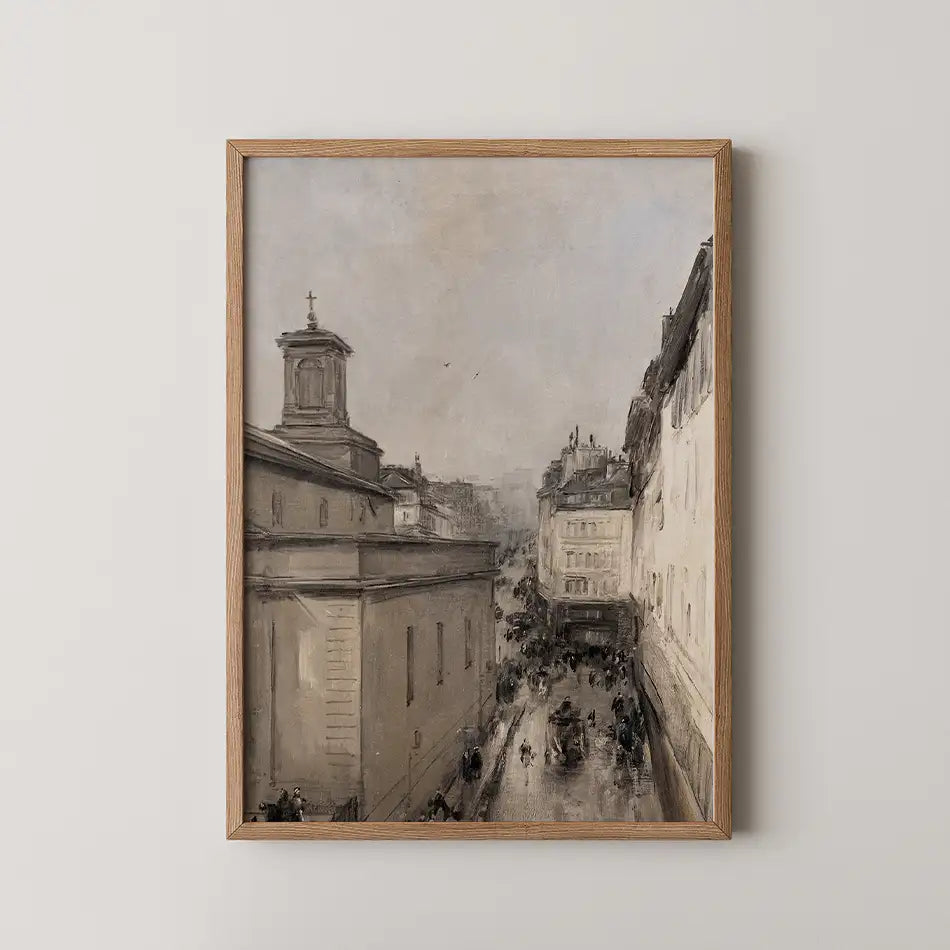 Framed painting of an urban street scene with buildings and people in a muted color palette.