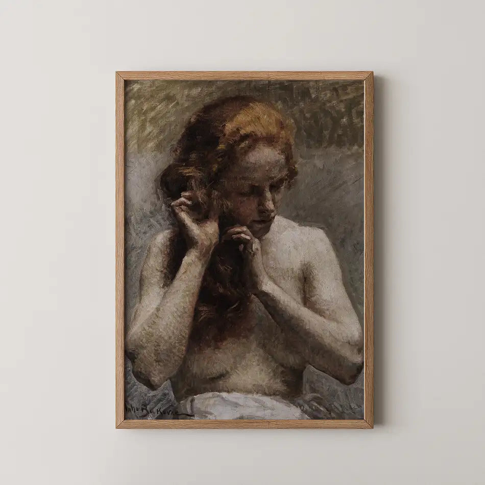 Painting of a woman with long red hair, shown with a contemplative expression, framed in wood, hanging on a wall.