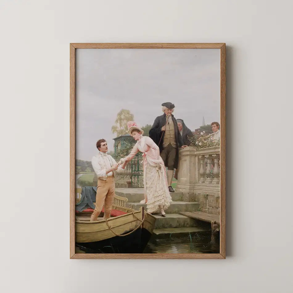 A vintage painting framed in natural wood depicting a romantic scene with a man and woman on a boat, while another man in period clothing watches from the shore.
