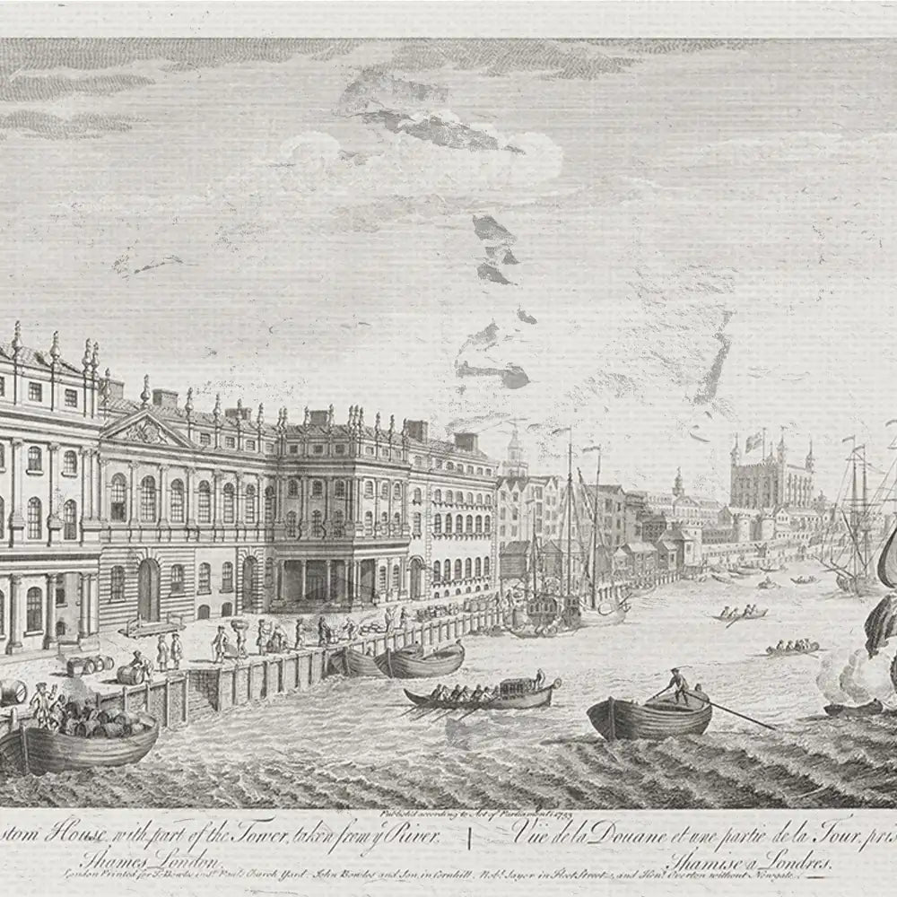 Engraving of the Custom House and Tower Bridge along the river, featuring boats and buildings in a historical setting.