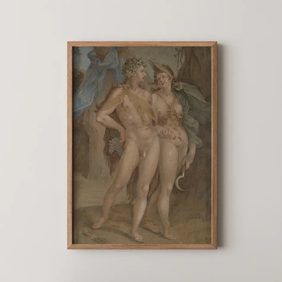 Framed classical painting of two nude figures, depicting a male and female entwined, with soft earth-toned colors and a background of subtle drapery.
