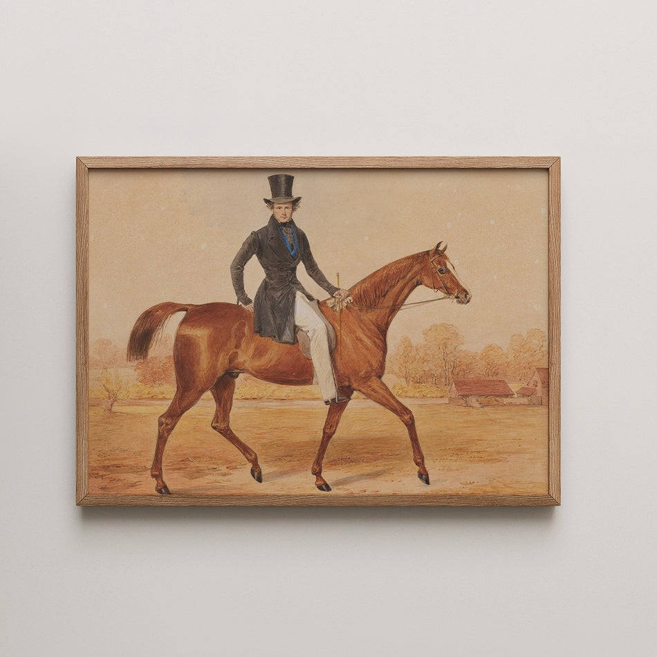 Painting of a man in formal attire riding a brown horse in a rural landscape, framed in wood.