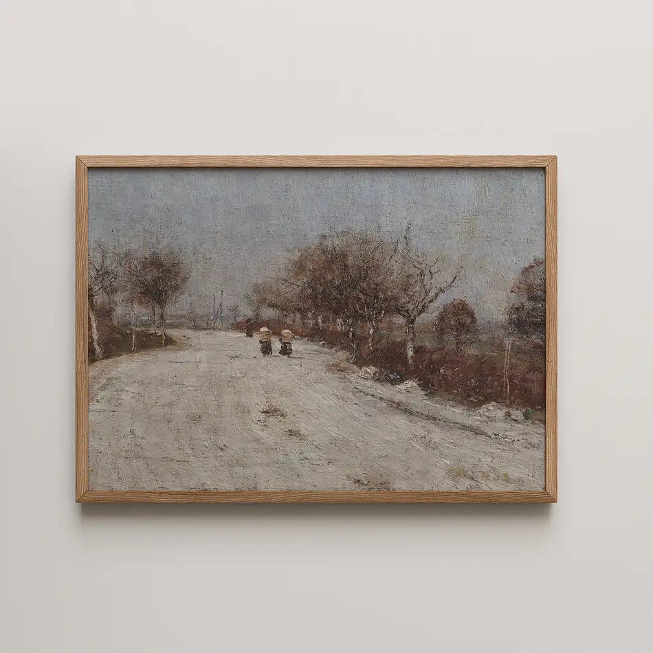 Framed painting of a serene rural road with two figures walking under leafless trees against a muted sky.