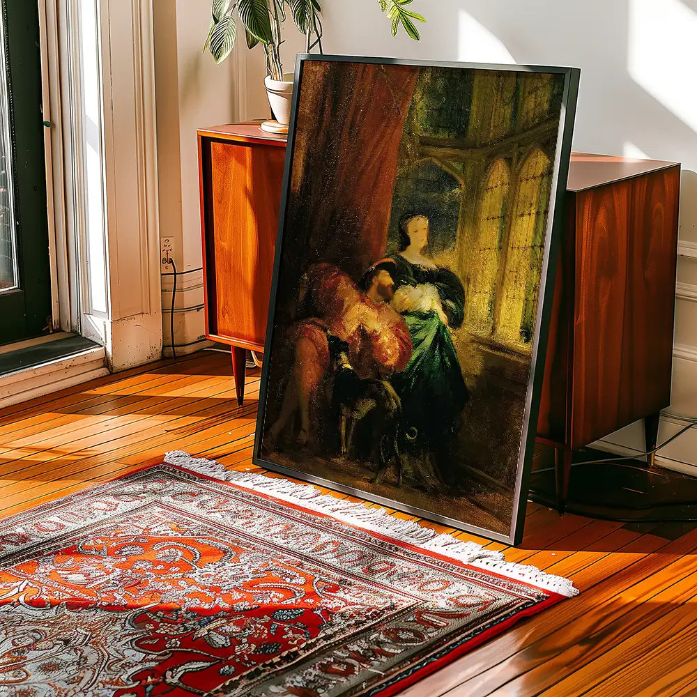 A framed painting leaning against a wooden cabinet in a sunlit room, featuring two figures, one in a green dress and the other in a red garment, near a window with sunlight streaming in.