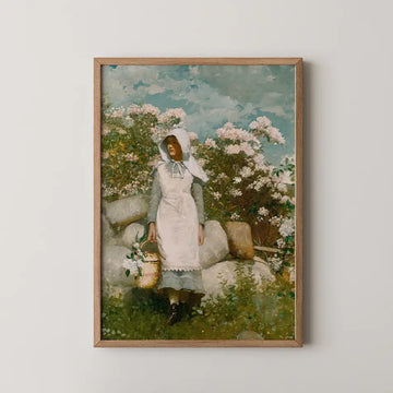 Painting of a woman in a white dress and bonnet, holding a basket of flowers, standing near blooming bushes and rocks against a blue sky backdrop.