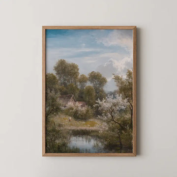 Landscape painting of a serene rural scene with a house, trees, and a pond, framed in natural wood.