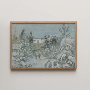 Painting of a snowy landscape featuring a yellow house and two figures walking through the snow, framed in wood.