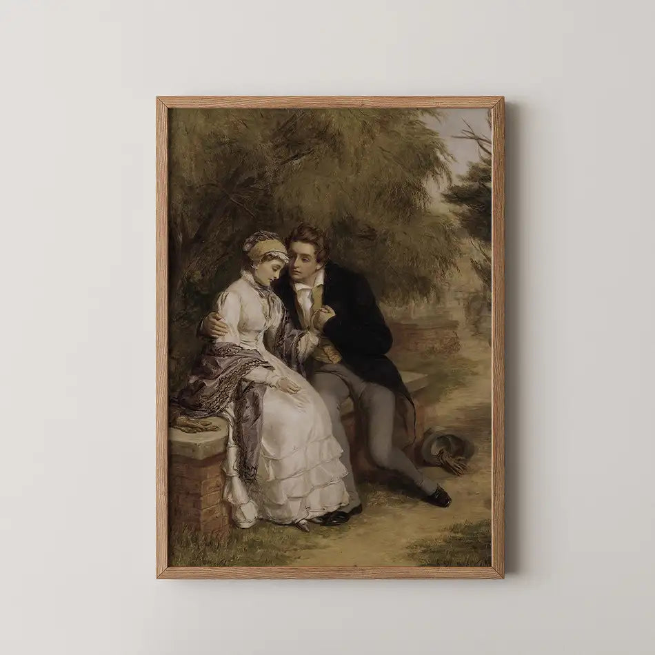Painting of a couple sitting together on a bench in a garden, framed in a wooden frame.