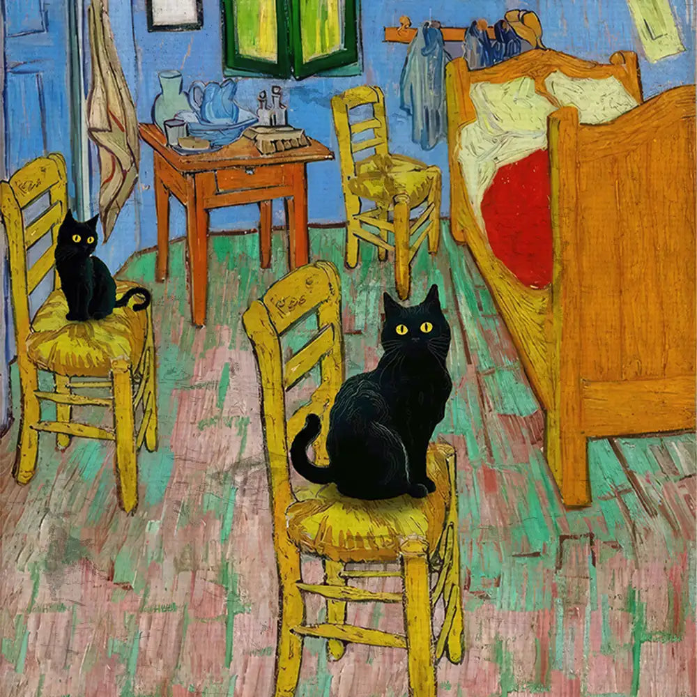 Black cats sitting on yellow chairs in a colorful interior with a bed and a wooden table in the background.