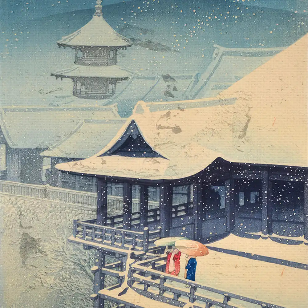 Traditional Japanese winter scene with two figures under umbrellas surrounded by snow, featuring pagoda architecture in the background.