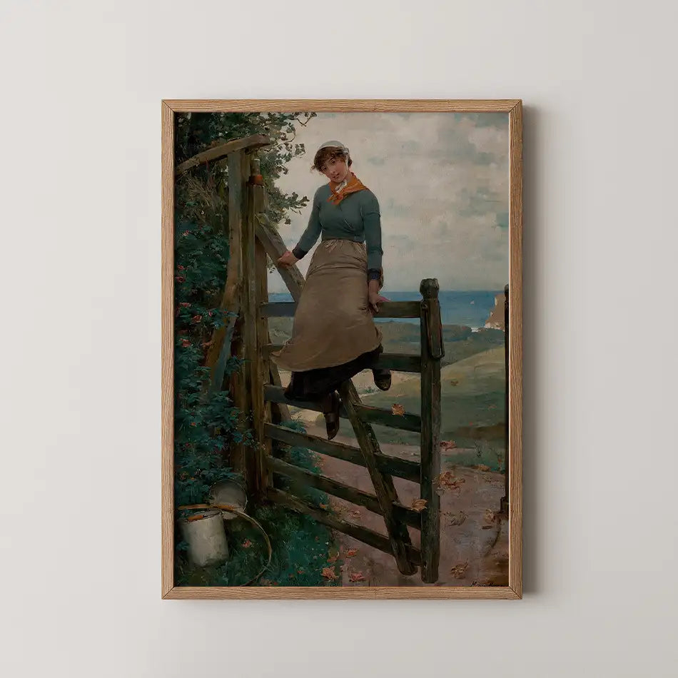 Vintage painting of a woman in a green sweater and long skirt perched on a wooden gate, with a scenic landscape and ocean in the background.