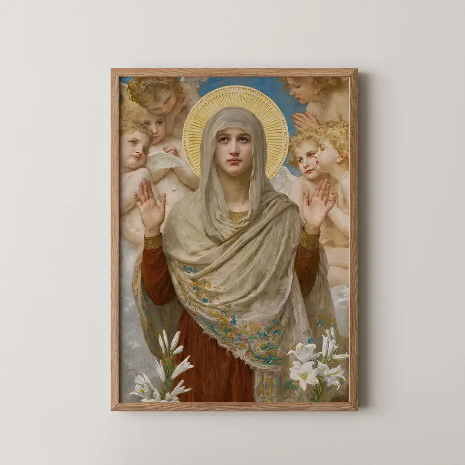 Religious painting of a woman in a headscarf surrounded by cherubs and adorned with flowers, framed in wood.
