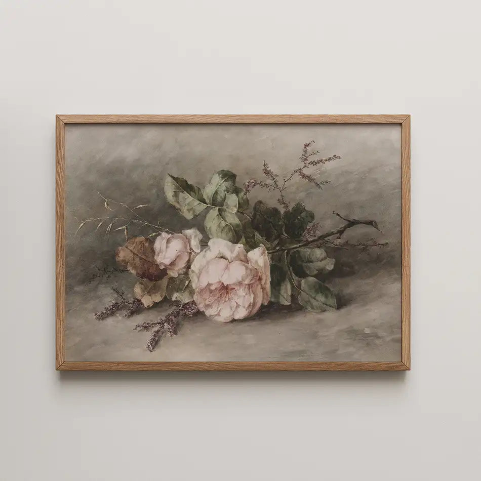 Framed painting of soft pink roses and green leaves against a muted background.