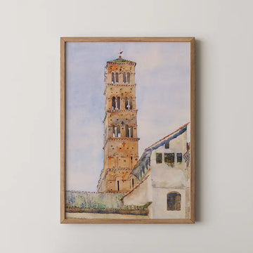 Watercolor painting of a historic tower with green and red accents, framed in wood, hanging on a light background.