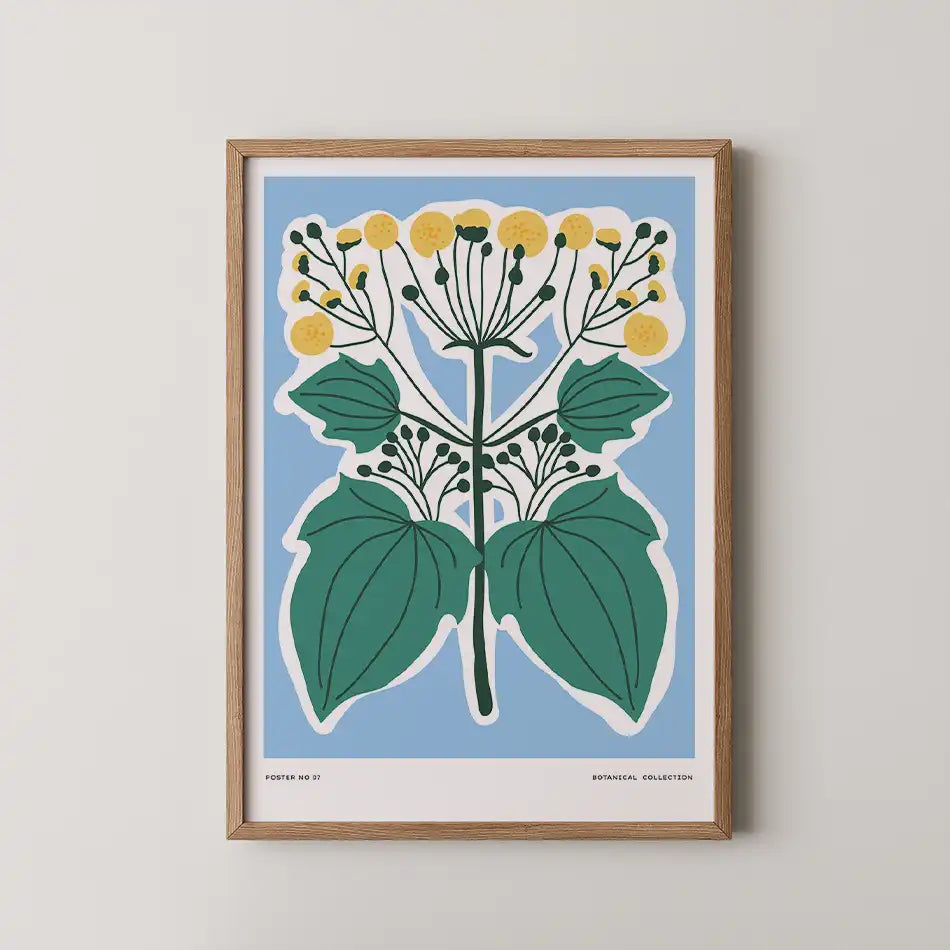 Botanical Symmetry art print featuring vibrant yellow flowers and green leaves on a light blue background, perfect for modern home decor.