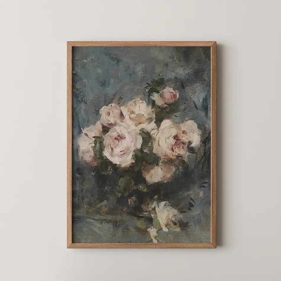 A framed painting of soft pink roses against a dark blue background