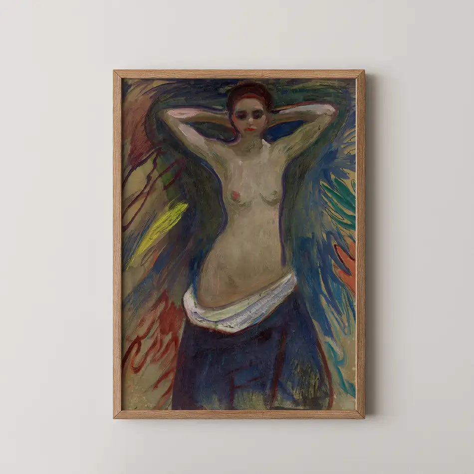 Painting of a nude woman with arms raised against a vibrant, abstract background, framed in wood.