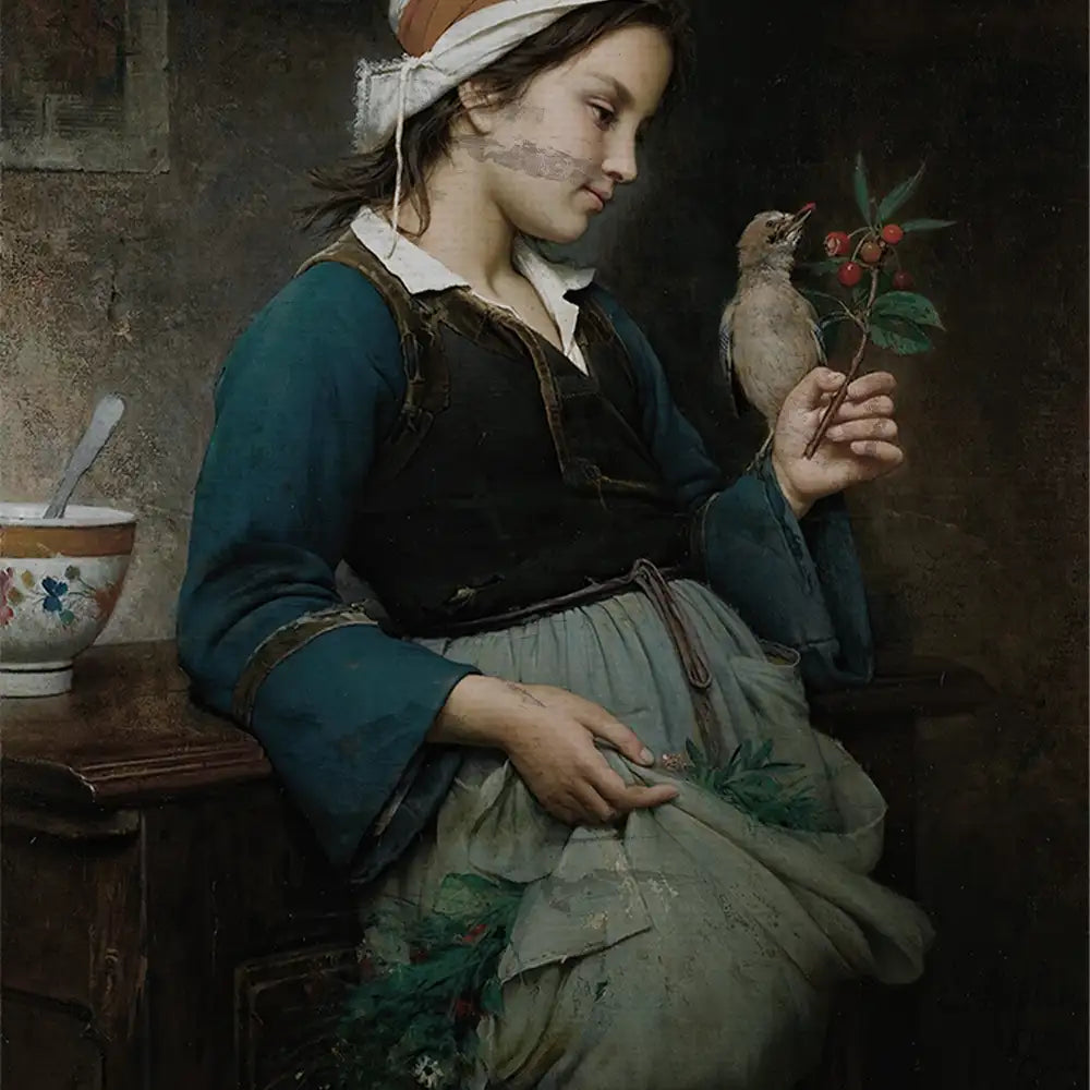 Girl in historical clothing holding a branch with berries and a bird perched on her hand, sitting next to a bowl on a wooden table.