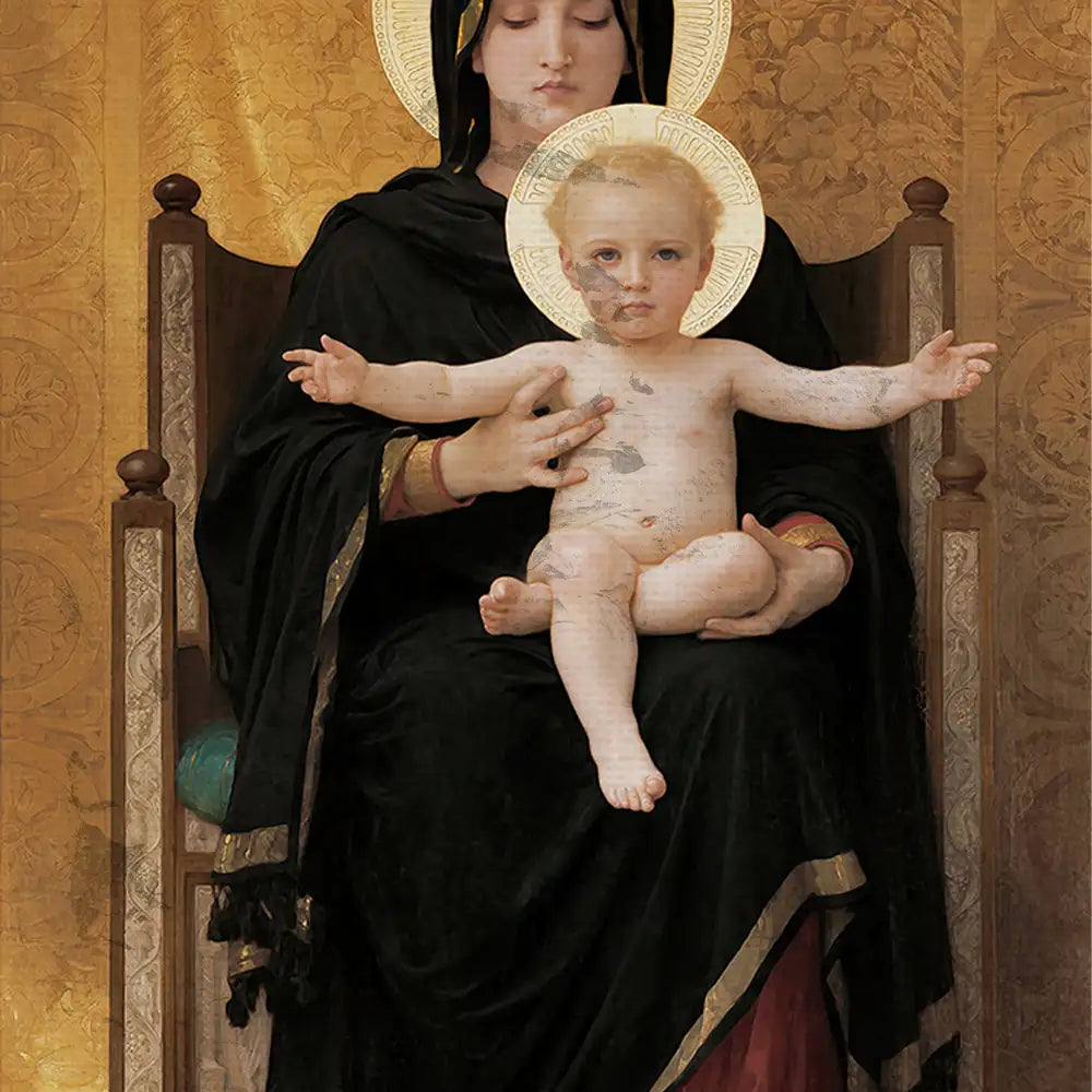 Madonna and Child painting featuring a seated figure of the Virgin Mary in black robes holding a baby Jesus, both adorned with halos against a warm, ornate background.