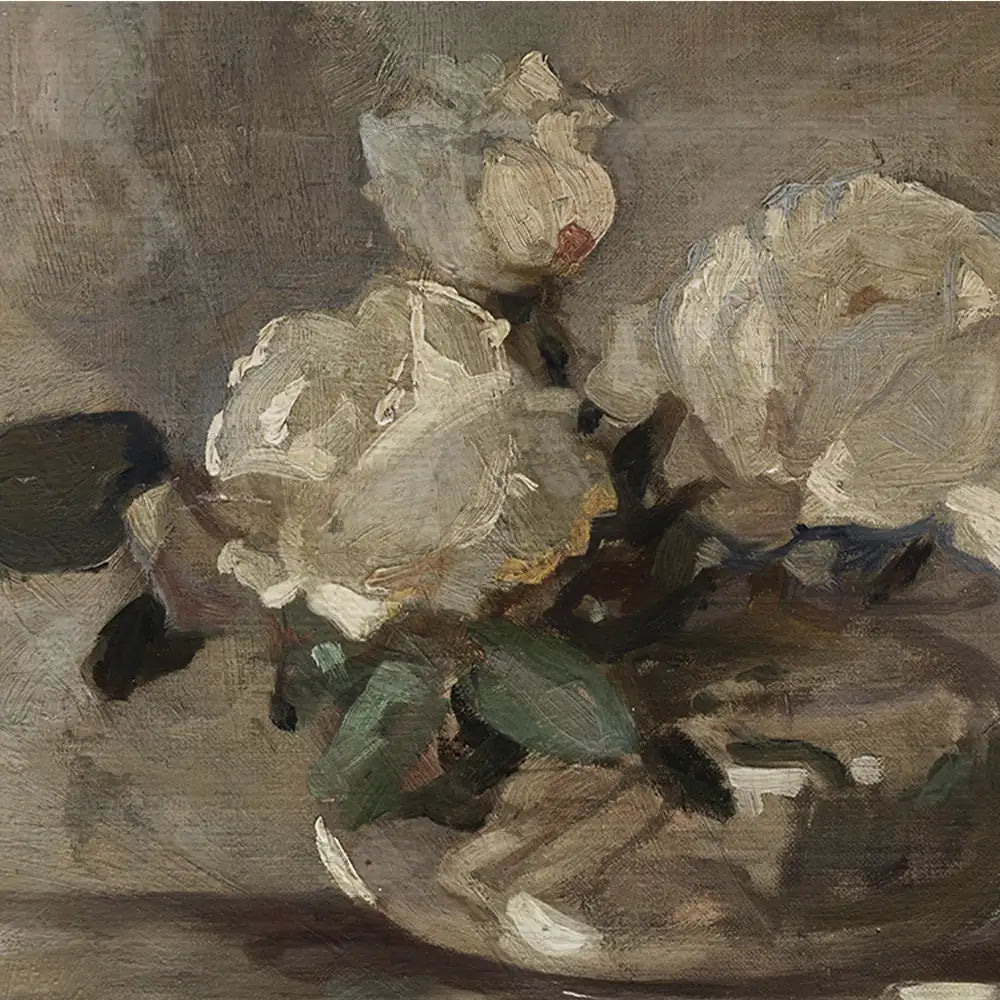Painting of white roses in a vase with muted background tones.