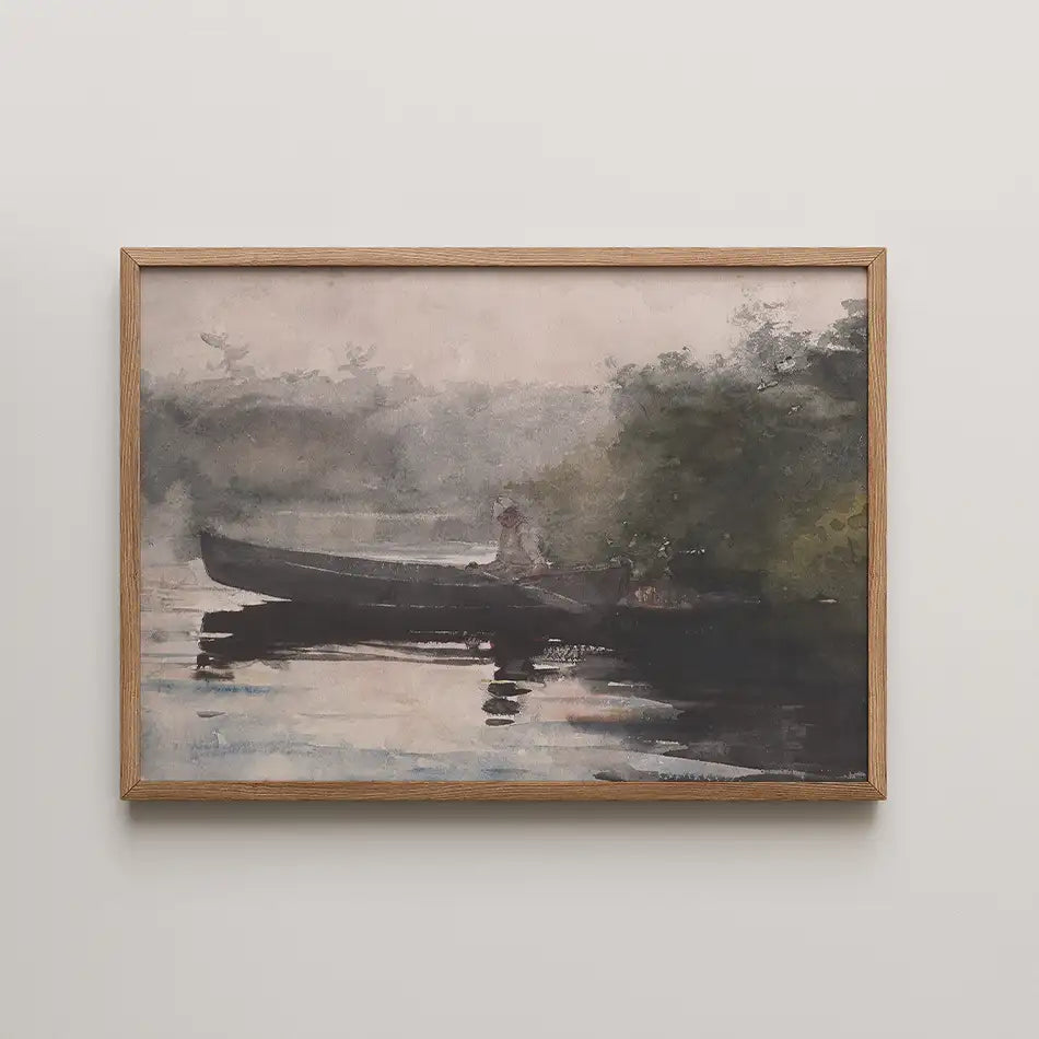 Painting of a calm waterscape featuring a boat near the shore, surrounded by trees and mist. Framed in a Oak wood frame.