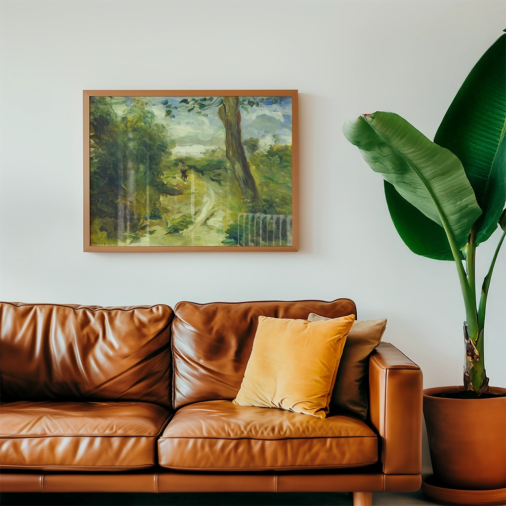Painting of a serene path through a lush, green landscape framed and displayed above a brown leather sofa with a mustard yellow pillow and a large green plant nearby.