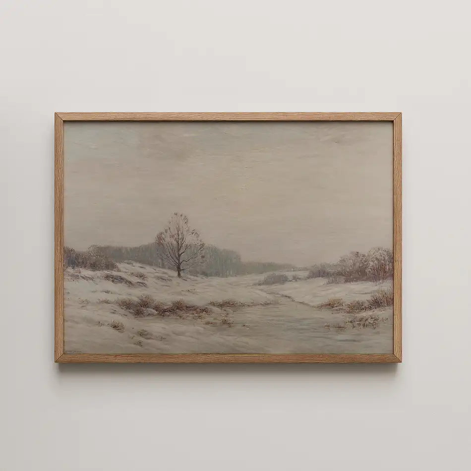 Framed painting of a serene winter landscape with bare trees and a soft, muted color palette.
