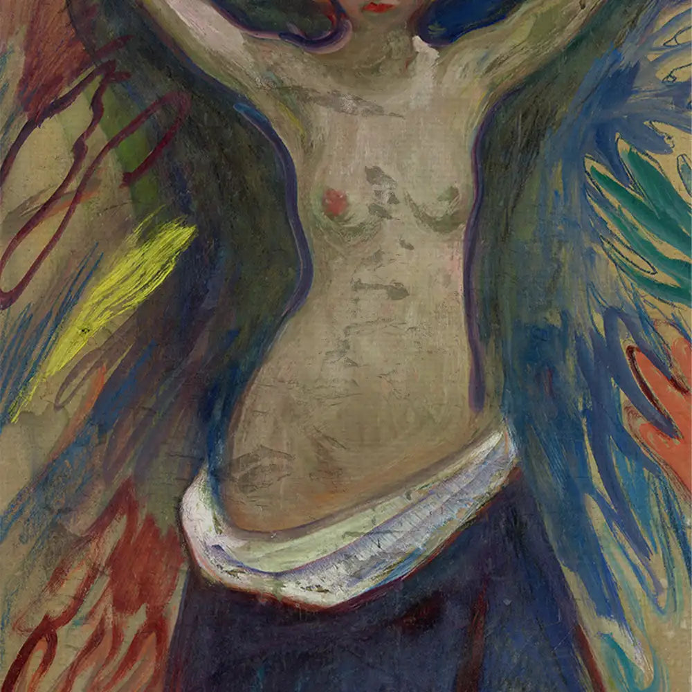 Abstract painting of a figure with raised arms, featuring bold colors and expressive brushstrokes.