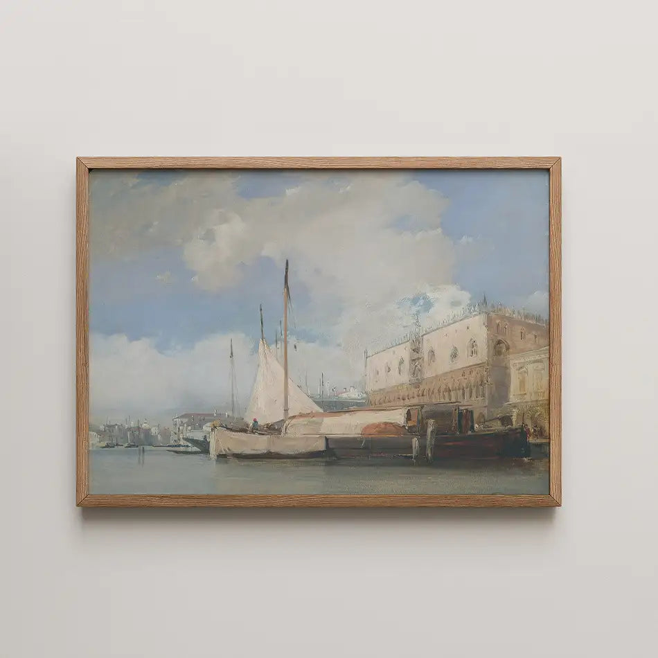 Framed painting of a harbor scene with sailing boats and a historic building under a partly cloudy sky.