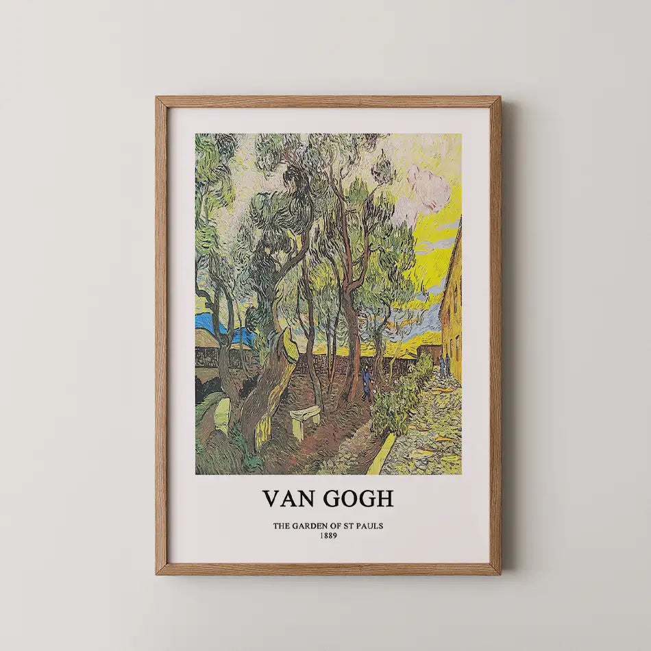 Framed poster of Vincent van Gogh's painting "The Garden of St. Pauls," 1889, featuring vibrant trees and a colorful sky.