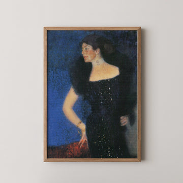 Elegant painting of a woman in a dark dress against a blue background, framed in wood.