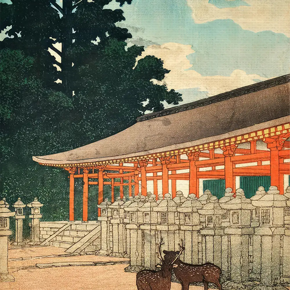 A traditional Japanese painting depicting a temple with distinctive orange pillars and stone lanterns, flanked by two deer under a blue sky.
