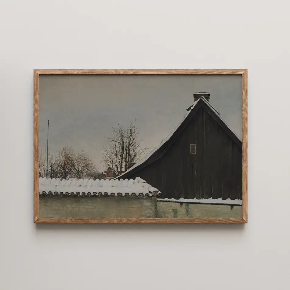 Painting of a snow-covered roof and dark wooden barn against a muted sky, framed in light wood.